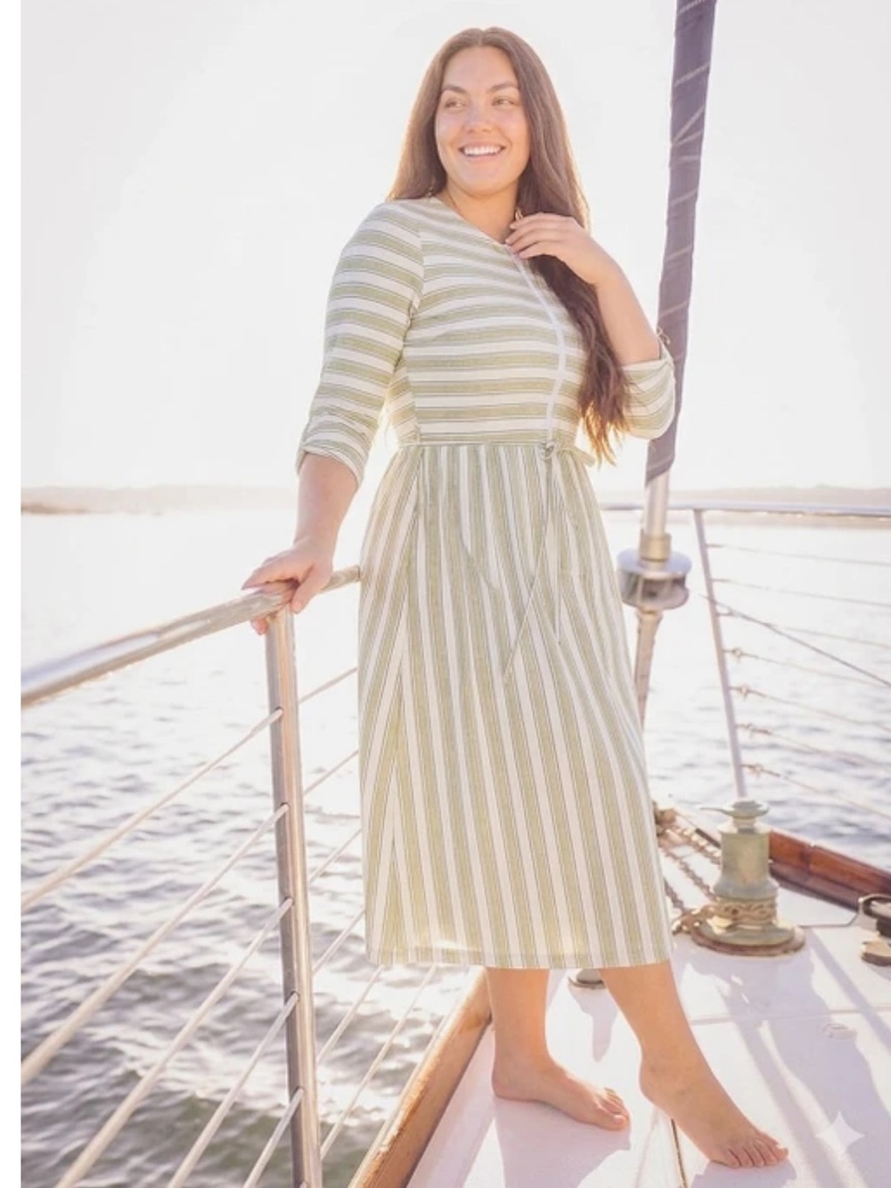 Dainty Jewells Amalfi Striped Swim Dress Olive Green & White